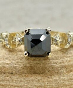 Emerald Cut Black Diamond Sun Moon Stars Space Ring Yellow Gold LS6420