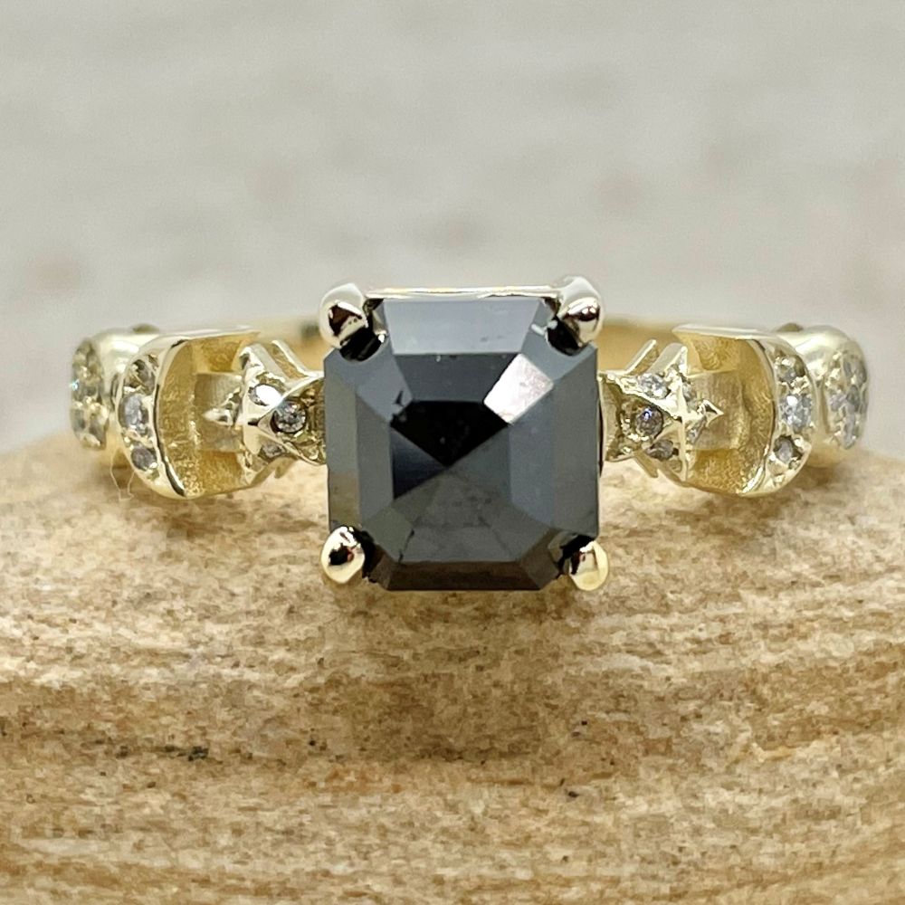 Emerald Cut Black Diamond Sun Moon Stars Space Ring Yellow Gold LS6420