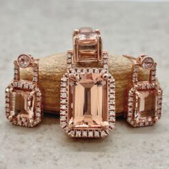 Emerald Cut Peach Pink Morganite Diamond Halo Jewelry Rose Gold LS7473