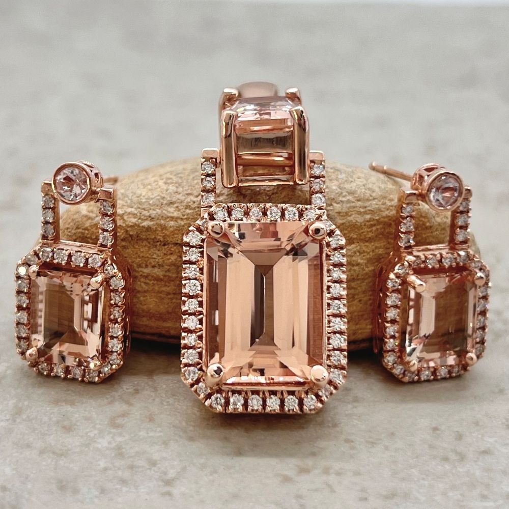 Emerald Cut Peach Pink Morganite Diamond Halo Jewelry Rose Gold LS7473
