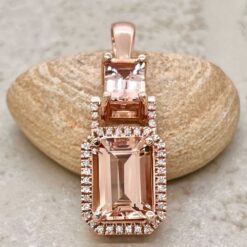 Emerald Cut Peach Pink Morganite Lab Diamond Necklace Rose Gold LS7098