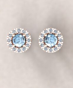 Genuine Aquamarine Diamond Halo Earrings March Gift Rose Gold LS7469
