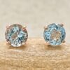 March Birthstone Gift Round Aquamarine Stud Earrings Rose Gold LS7193