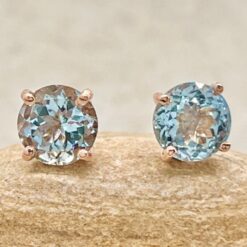 March Birthstone Gift Round Aquamarine Stud Earrings Rose Gold LS7193