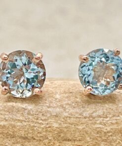 March Birthstone Gift Round Aquamarine Stud Earrings Rose Gold LS7193