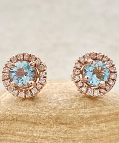 March Birthstone Round Cut Aquamarine Gift Earrings Rose Gold LS7194
