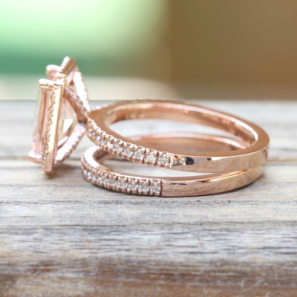 Morganite Diamond Halo Cathedral Shank Matching Set Rose Gold LS7472
