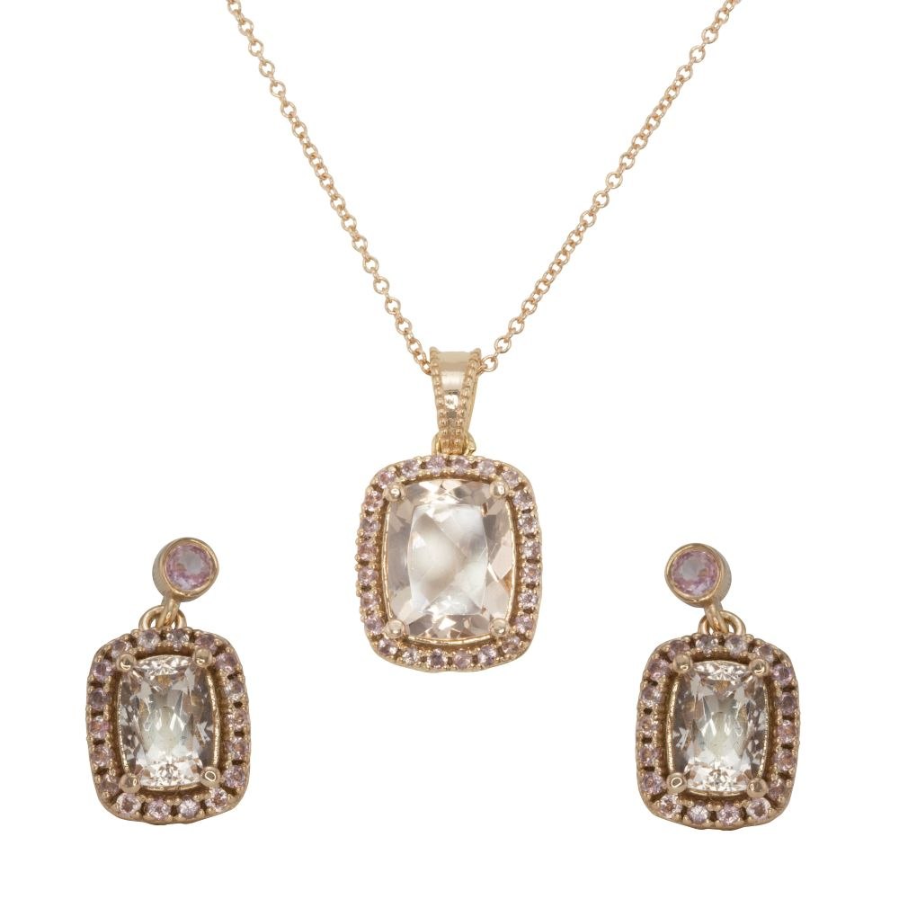 Morganite Peach Sapphire Pendant Earrings Bridal Set Rose Gold LS4217