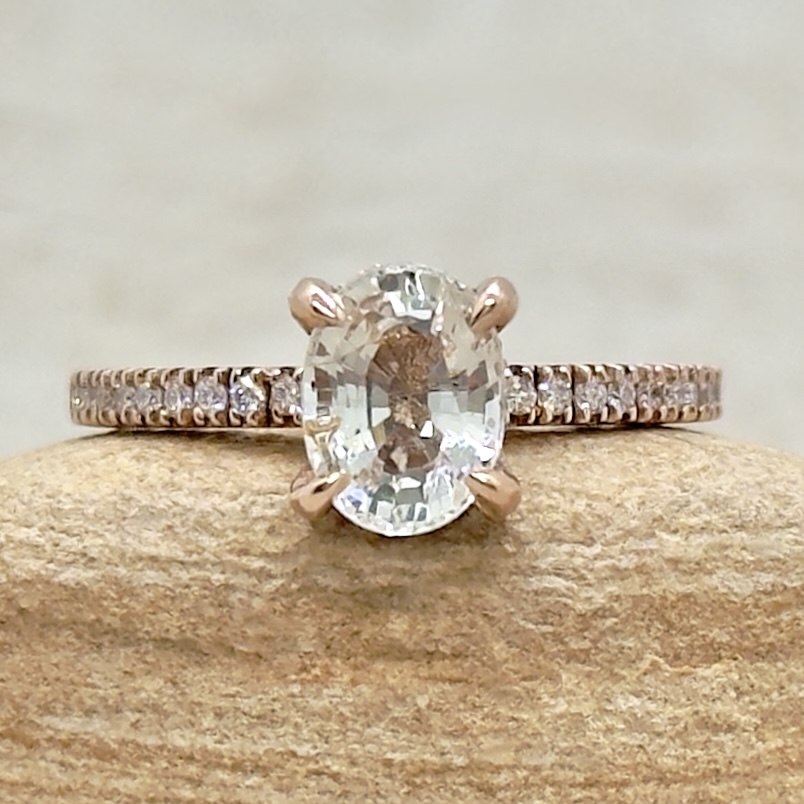 Oval Cut White Sapphire Diamond Halo Engagement Ring Rose Gold LS7394