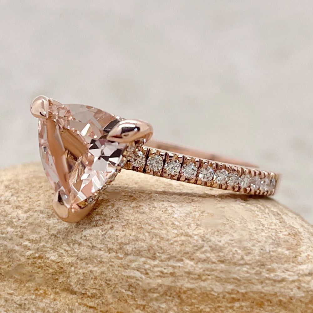 Peach Morganite Diamond Engagement Ring Fang Prongs Rose Gold LS7763