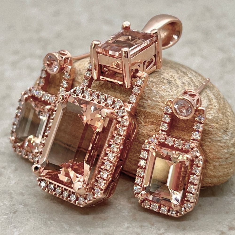 Peach Morganite Diamond Pendant Earrings Bridal Set Rose Gold LS7473