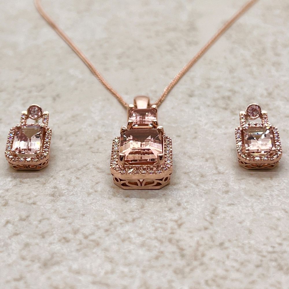 Peachy Pink Morganite Luxury Diamond Pendant Earrings Rose Gold LS7473
