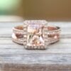 Radiant Cut Peachy Pink Morganite Engagement Ring Set Rose Gold LS7472