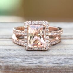 Radiant Cut Peachy Pink Morganite Engagement Ring Set Rose Gold LS7472