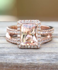 Radiant Cut Peachy Pink Morganite Engagement Ring Set Rose Gold LS7472