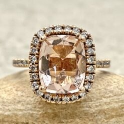 Rectangular Cushion Cut Peach Morganite Diamond Ring Rose Gold LS4580