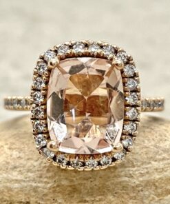 Rectangular Cushion Cut Peach Morganite Diamond Ring Rose Gold LS4580