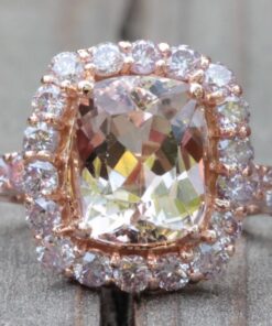 Rectangular Cushion Morganite Pink Diamond Halo Ring Rose Gold LS2983