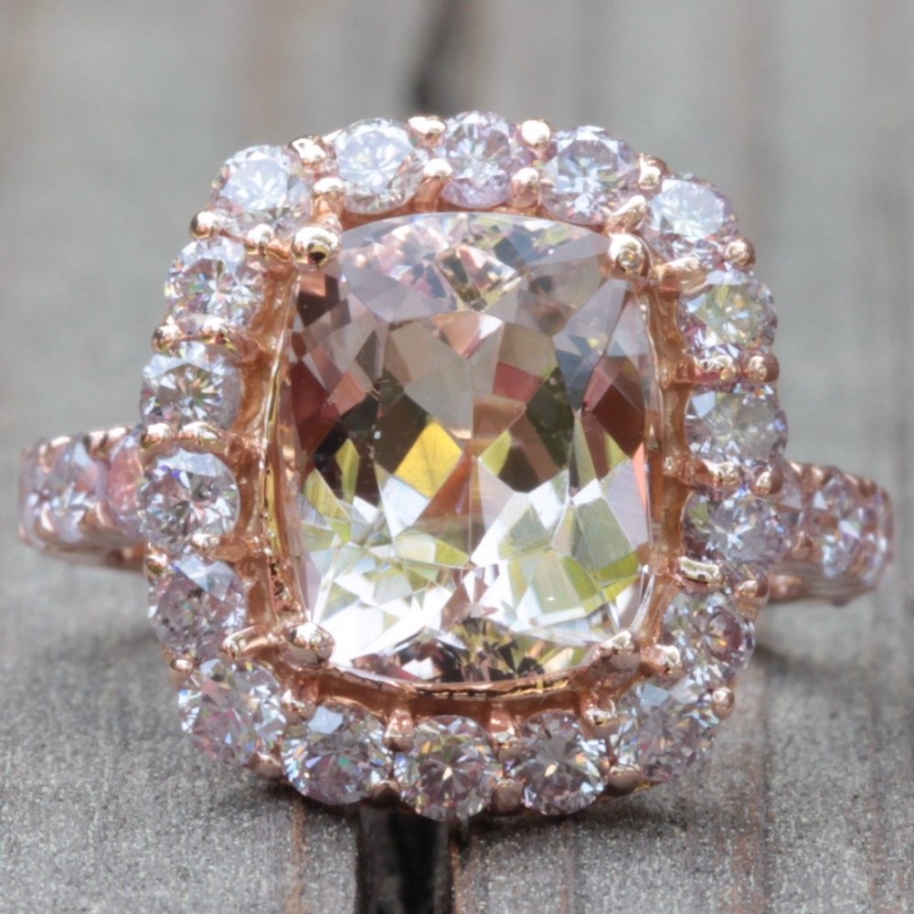 Rectangular Cushion Morganite Pink Diamond Halo Ring Rose Gold LS2983