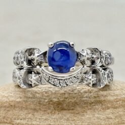 Round Cut Sapphire Ring Set Sun Moon Stars White Gold Platinum LS7463