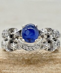 Round Cut Sapphire Ring Set Sun Moon Stars White Gold Platinum LS7463