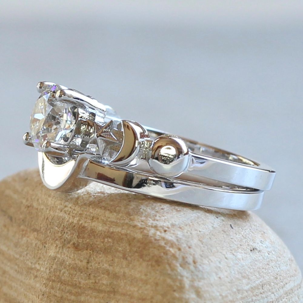 Round Lab Diamond Sun Moon Stars Ring Set White Gold Platinum LS7465