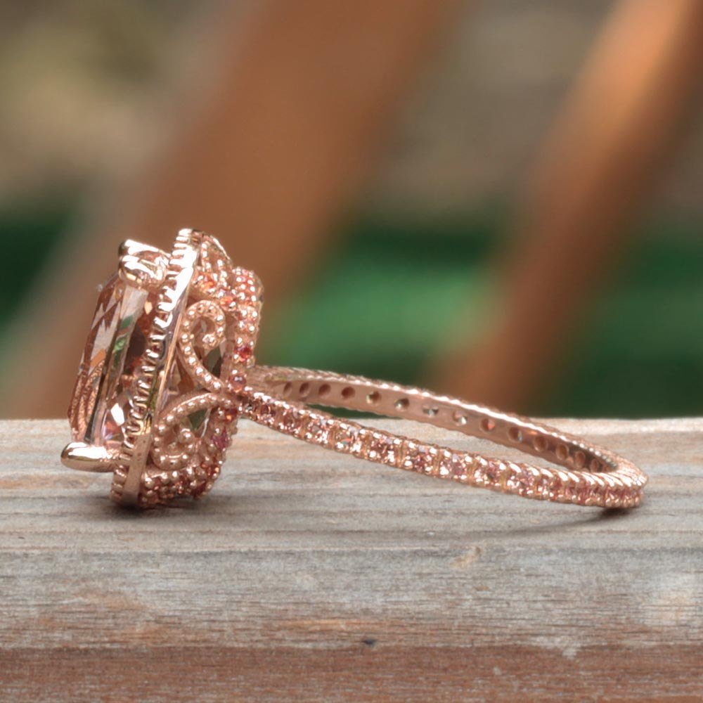 Sapphire Morganite Engagement Ring Scrolling Detail Rose Gold LS3901