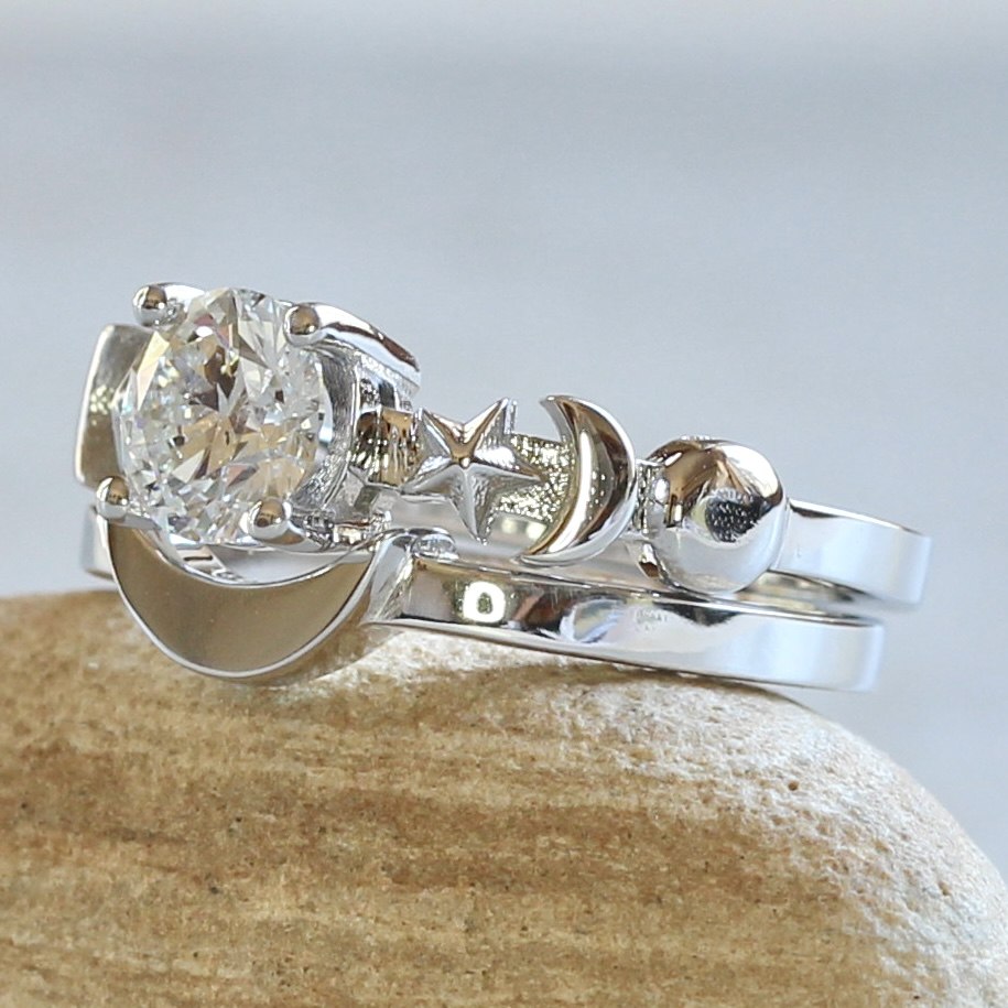 Space Lab Grown Diamond Ring Crescent Band White Gold Platinum LS7465