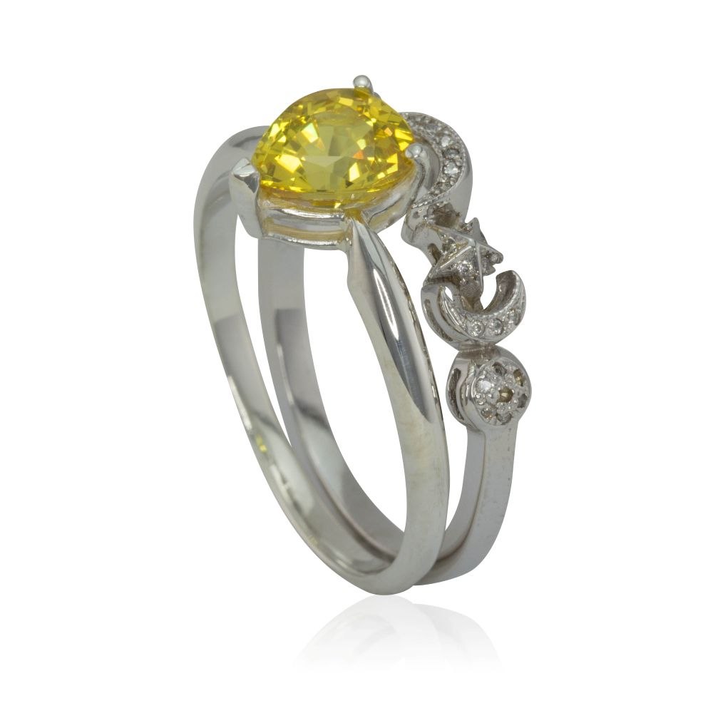 Sun Moon Stars Pear Cut Sapphire Ring Set White Gold Platinum LS4183