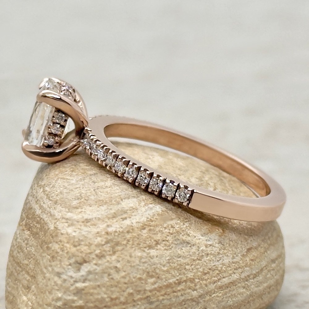 White Sapphire Diamond Hidden Halo Ring Fang Prongs Rose Gold LS7394