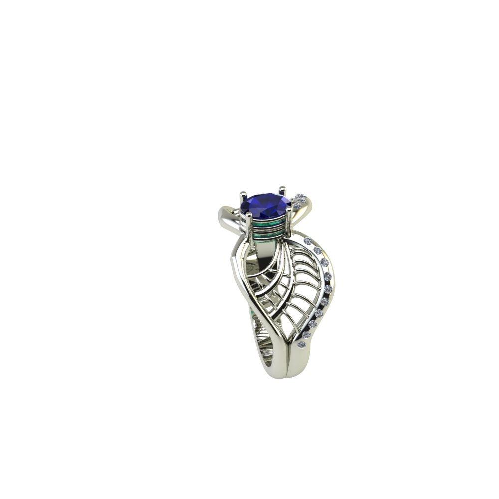 Custom Blue Sapphire and Emerald Engagement Ring and Wedding Band - Image 6
