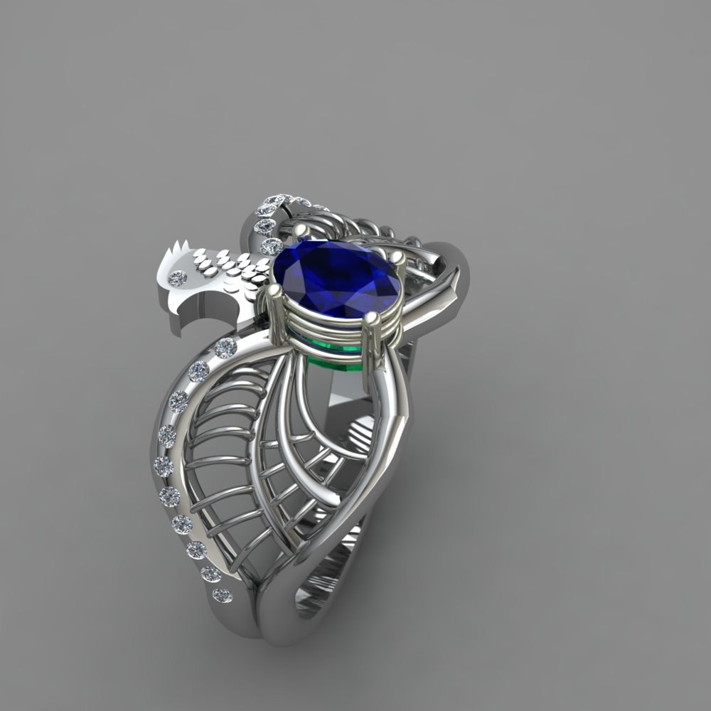 Custom Blue Sapphire and Emerald Engagement Ring and Wedding Band - Image 5
