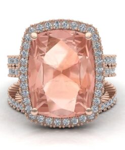 8 Carat Cushion Morganite Diamond Matching Ring Set Rose Gold LS7436