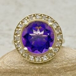 AAA Round Cut Amethyst Diamond Halo Engagement Ring Yellow Gold LS7283