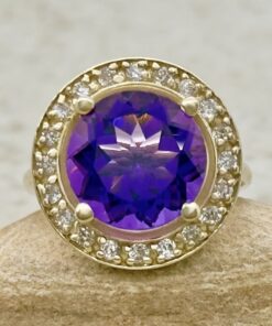 AAA Round Cut Amethyst Diamond Halo Engagement Ring Yellow Gold LS7283