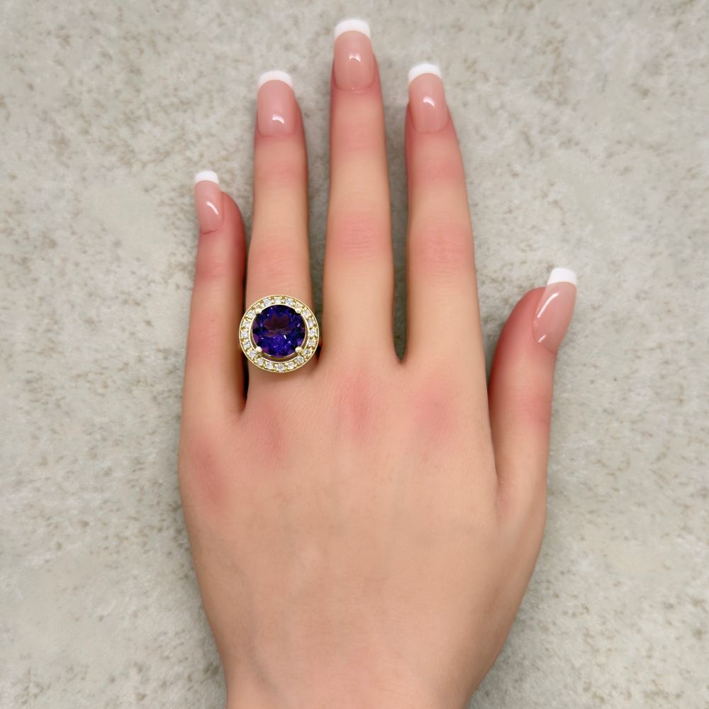 AAA Round Cut Rich Purple Amethyst Ring Plain Shank Yellow Gold LS7283