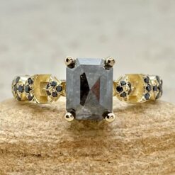 Emerald Cut Salt and Pepper Black Diamond Star Ring Yellow Gold LS6837