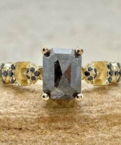 Emerald Cut Salt and Pepper Black Diamond Star Ring Yellow Gold LS6837