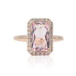 Genuine Radiant Cut Pink Morganite Diamond Halo Ring Rose Gold LS4707