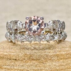 Morganite Diamond Sun Moon Stars Ring Set White Gold Platinum LS6945