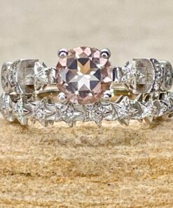 Morganite Diamond Sun Moon Stars Ring Set White Gold Platinum LS6945