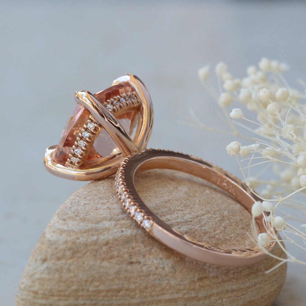 Peach Morganite Diamond Hidden Halo Fang Prong Ring Rose Gold LS5722