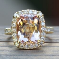 Peachy Pink Cushion Cut Morganite Diamond Halo Ring Yellow Gold LS5226