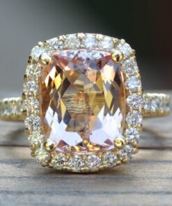 Peachy Pink Cushion Cut Morganite Diamond Halo Ring Yellow Gold LS5226