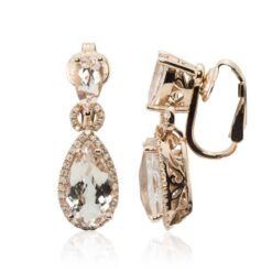 Pear Shape Morganite Filigree Earrings Diamond Halos Rose Gold LS7289