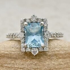 Radiant Cut Aquamarine Diamond Shank Ring White Gold Platinum LS7236