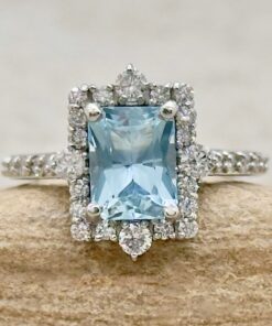 Radiant Cut Aquamarine Diamond Shank Ring White Gold Platinum LS7236