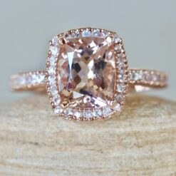 Rectangular Cushion Cut Morganite White Sapphire Ring Rose Gold LS2449