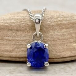Royal Blue Sapphire Diamond Halo Necklace White Gold Platinum LS7332