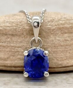 Royal Blue Sapphire Diamond Halo Necklace White Gold Platinum LS7332